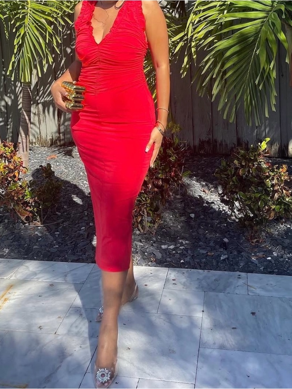Zara Red Ruched V-Neck Midi Dress